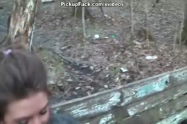 Brunette teen in tight skirt and panties fucks in the woods.